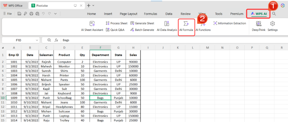 WPS AI Formula tool in the toolbar