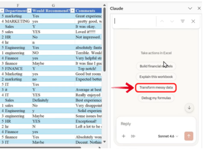 Claude’s suggested actions in Excel