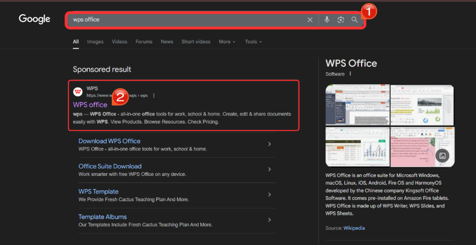 WPS Office Google search