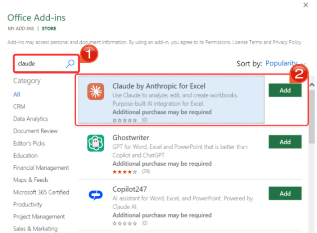 Claude search in Excel Add-ins options
