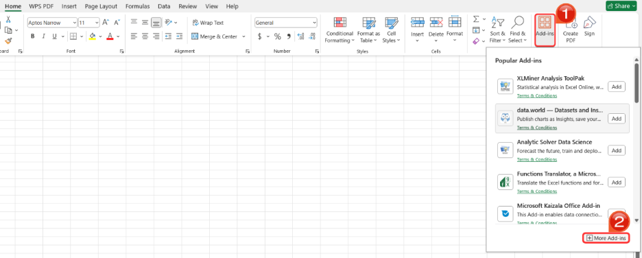 Excel blank spreadsheet with Add-ins options