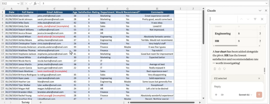 Excel Spreadsheet organised by Claude