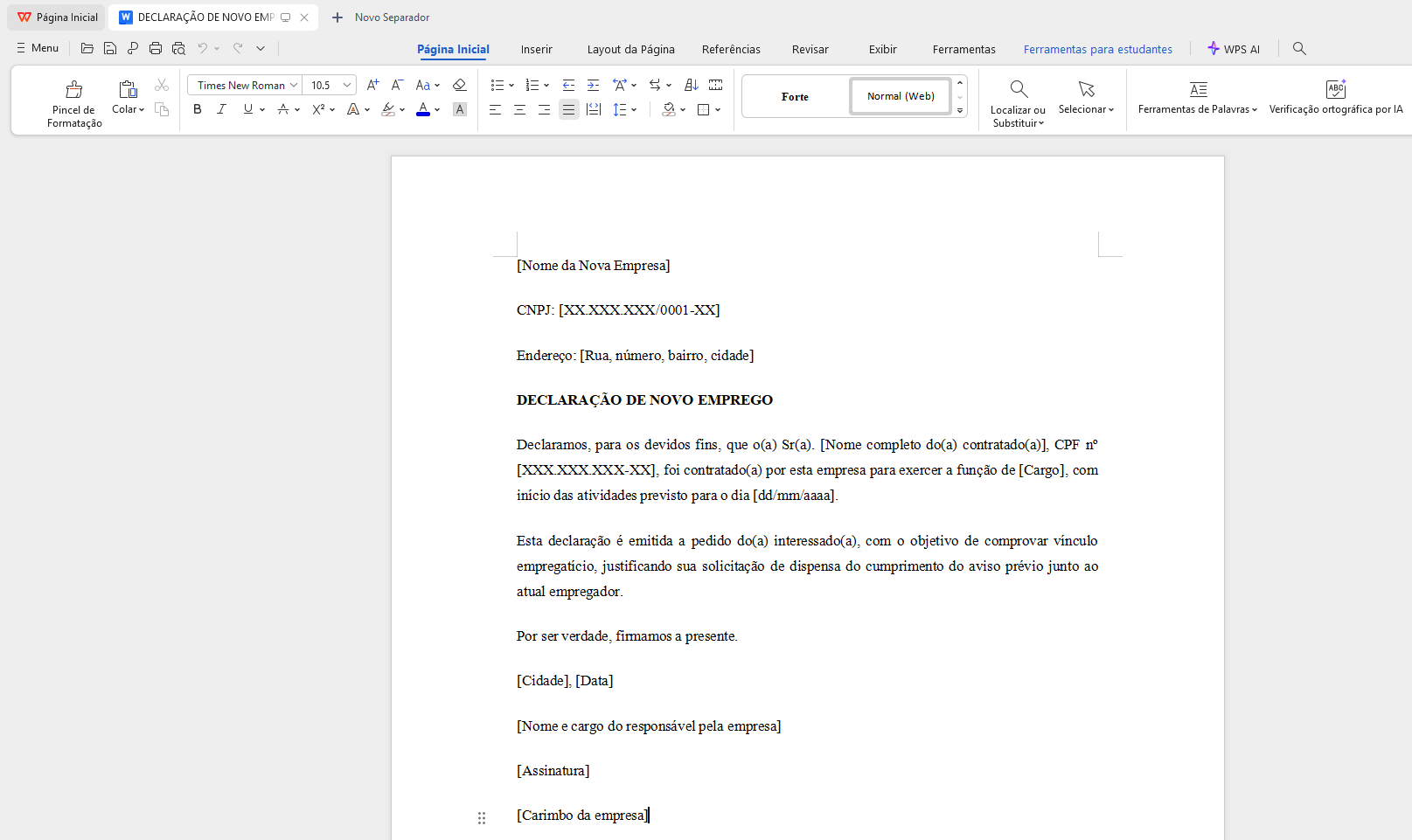  o uso de um modelo no WPS