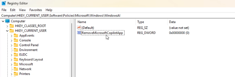Name the new key as RemoveMicrosoftCopilotApp