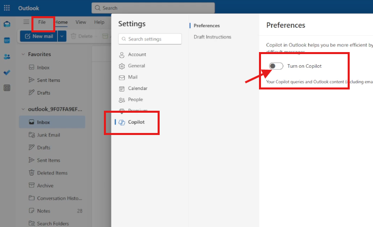 Turn off Copilot in Outlook's Settings